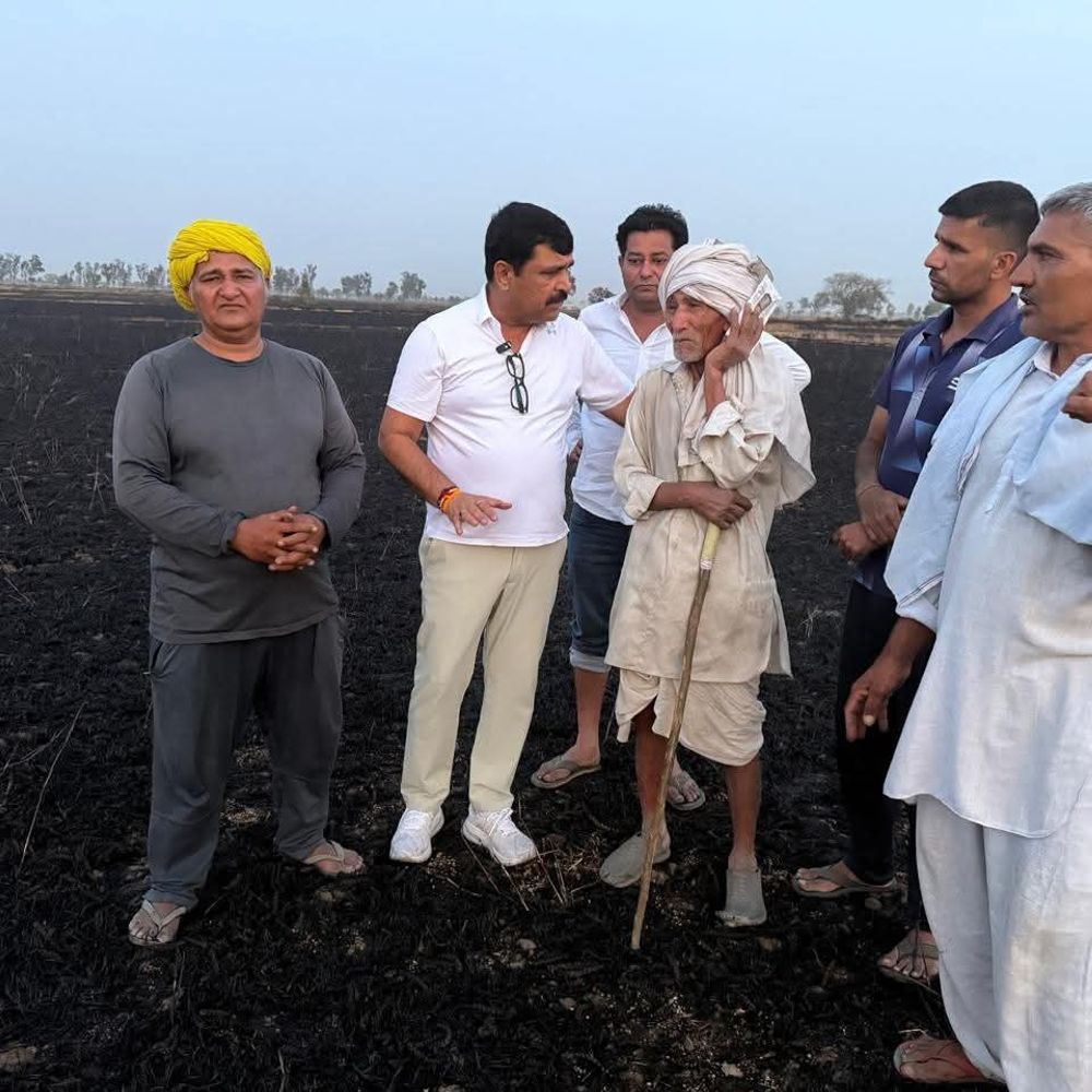 रोहतक में 6 एकड़ गेहूं की फसल जलकर राख:पूर्व विधायक कुंडू ने किसान को ₹1.20 लाख की सहायता दी, ग्रामीणों की मुआवजे की मांग