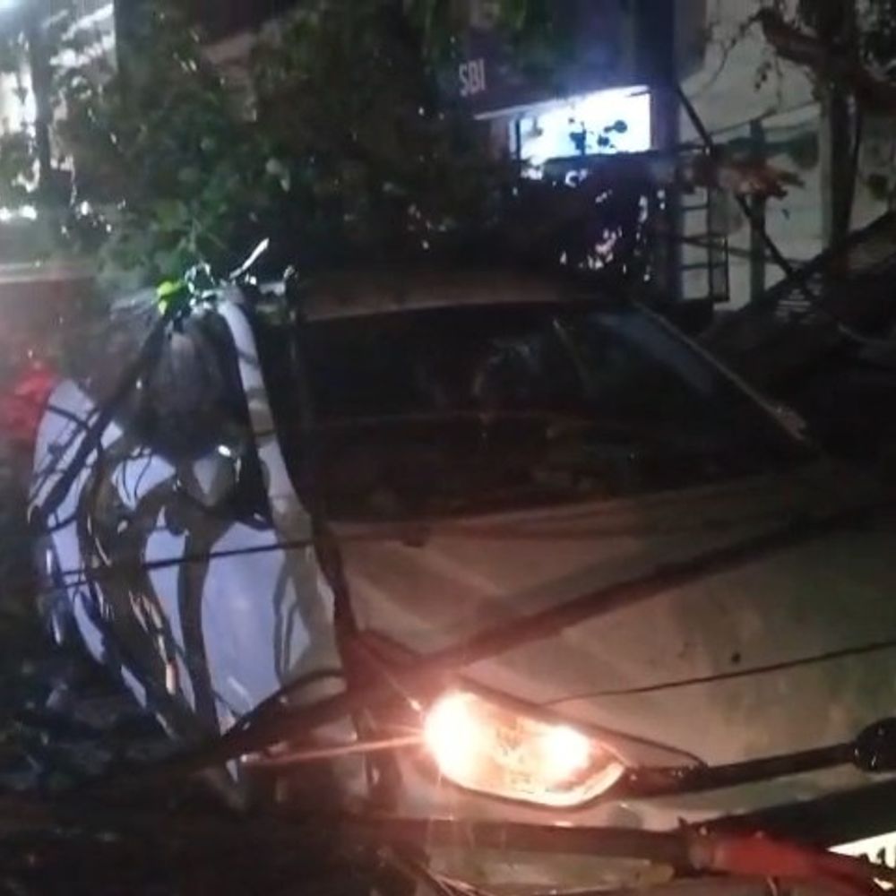 तेज आंधी से पेड़ और बिजली का खंभा गिरा:सीतापुर में सड़क पर खड़ी कार टूी, कार सवार बाल-बाल बचा