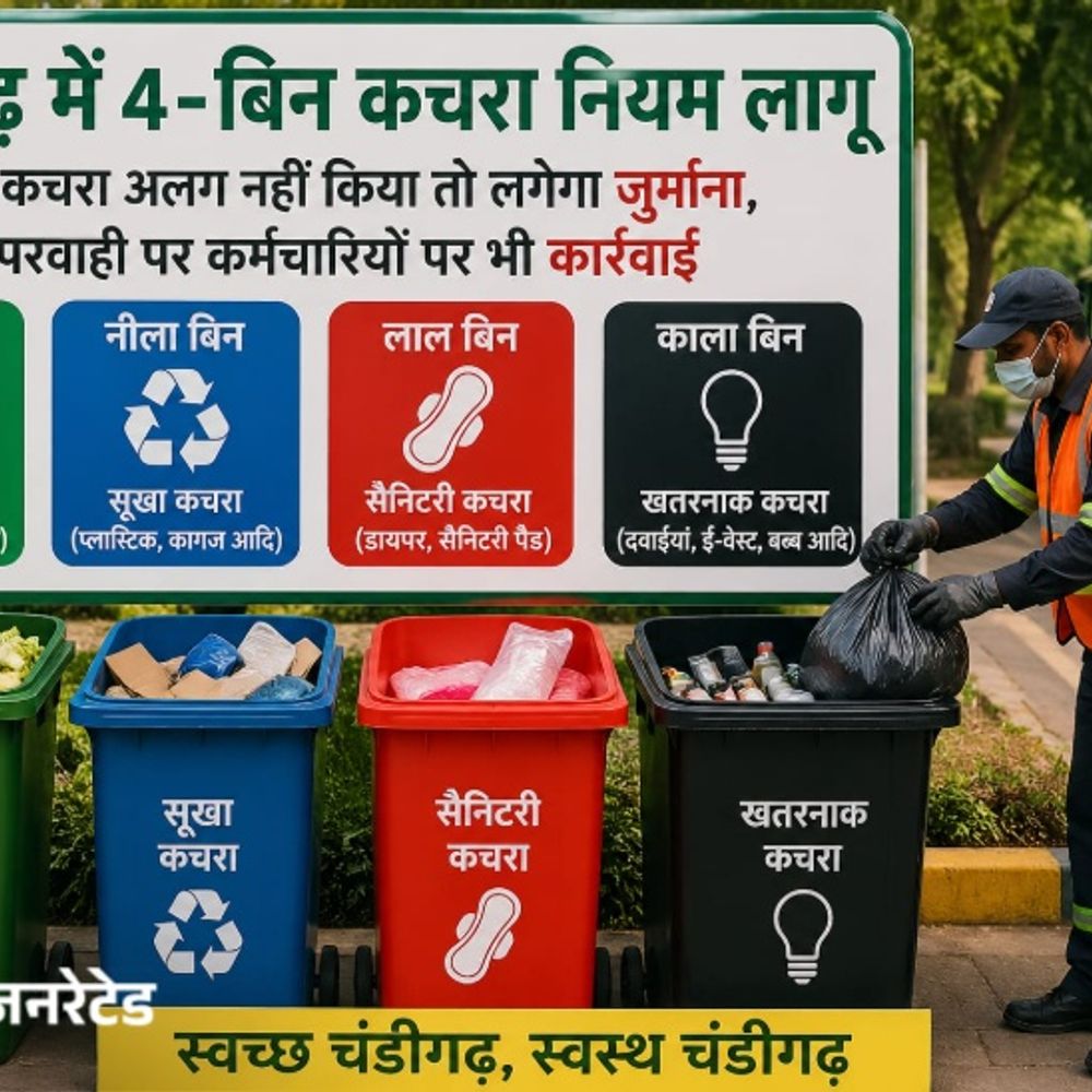 चंडीगढ़ में कूड़ा अलग नहीं करने पर लगेगा जुर्माना:नगर निगम ने 4-बिन कचरा नियम किए लागू; लापरवाह कर्मचारियों पर भी होगा एक्शन