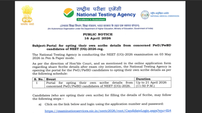 NEET UG 2026 scribe window opens for PwBD candidates: Check direct link to complete registrations here
