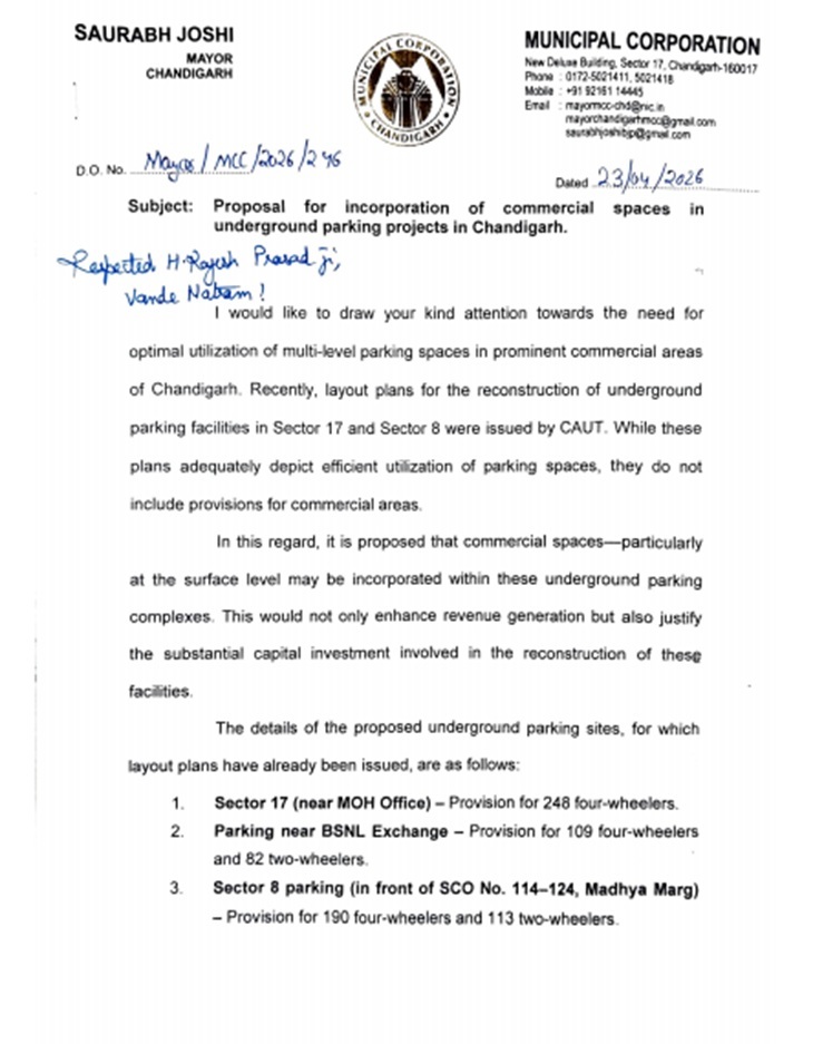 Chandigarh Mayor Writes to Chief Secretary for Parking-Commercial Space Project