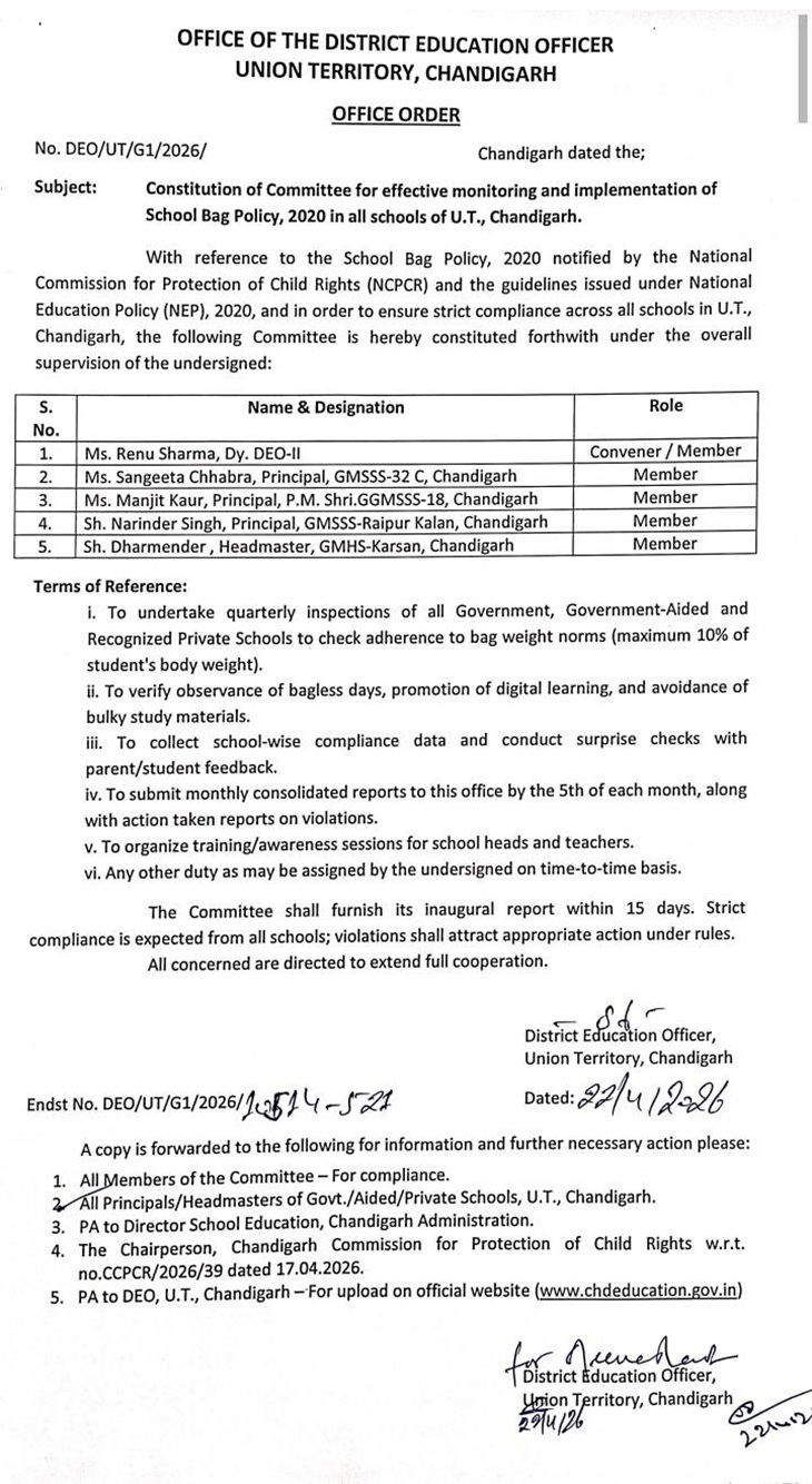 Chandigarh School Bag Policy 2020 to be Implemented; Monitor Committee Formed