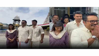 Varalaxmi Sarathkumar visits Tirumala Temple with father Sarathkumar, offers prayers |