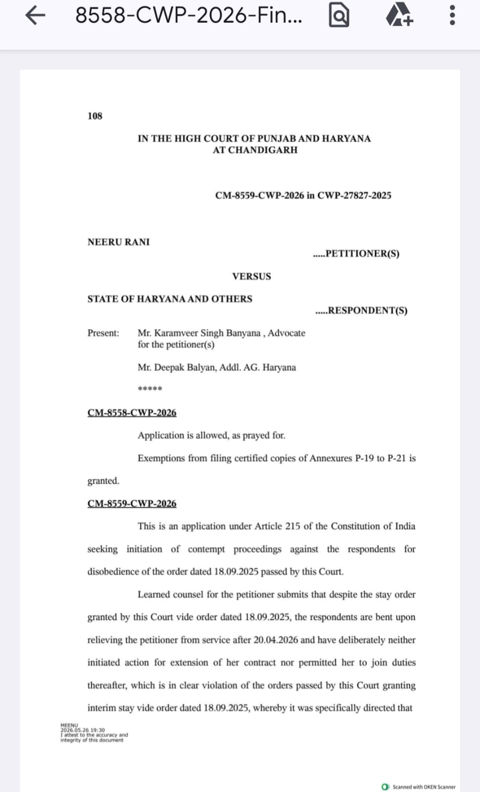 Sirsa High Court Issues Contempt Notice DC Sirsa Aand CEO-BDPO Dabwali ABPO Neeru Dismissed Not Continuing Service Disobedience Order