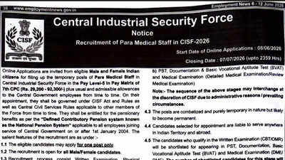 CISF ASI Paramedical Staff recruitment 2026 opens for Pharmacist, X-Ray Technician and Lab Technician posts; applications begin June 8