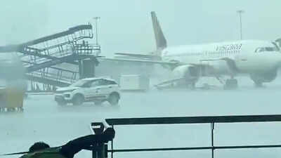 Watch: Indigo stepladder crashes into parked Air India aircraft at Delhi airport during sudden storms | India News