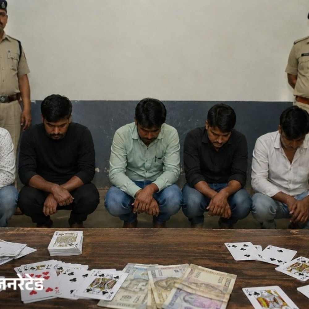 भिवानी में 5 जुआरी गिरफ्तार:27,450 रुपए और ताश के पत्ते बरामद; खाली प्लॉट में खेल रहे थे