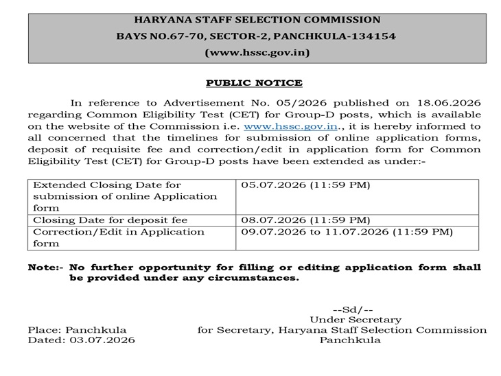HSSC CET Group-D Application Deadline Extended