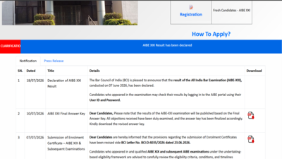 AIBE XXI result 2026 declared at allindiabarexamination.com: Direct link to download scorecards here