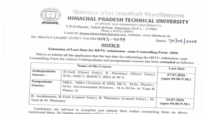 HPCET 2026: HPTU extends counselling registration deadline for UG and PG admissions; check revised schedule
