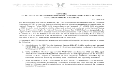 NCTE issues advisory for ITEP admissions 2026-27; only NCET 2026 candidates eligible